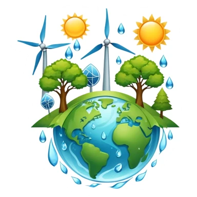 An icon featuring a green Earth, a tree, recycling symbols, and renewable energy sources like wind turbines, solar panels, and hydropower. The design includes animals, water droplets, and the sun, representing ecology, sustainable energy, and environmental protection. Transparent background. sticker