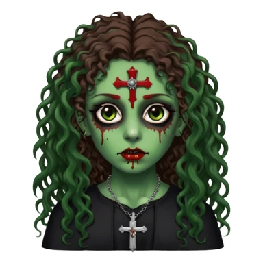 Zumbi verde com olhos castanhos aspecto de que tá sangrando, com cabelo marrom cacheado longo um piercing do lado esquerdo do nariz, roupa preta e crucifixo como colar, e também delineador  sticker