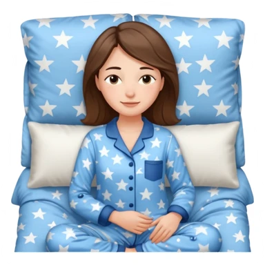{
      "type": "human",
      "look": "woman in star-print pyjamas, soft blue set, sleepy smile",
      "description": "a woman in soft blue star-print pyjamas smiling sleepily"
    } sticker