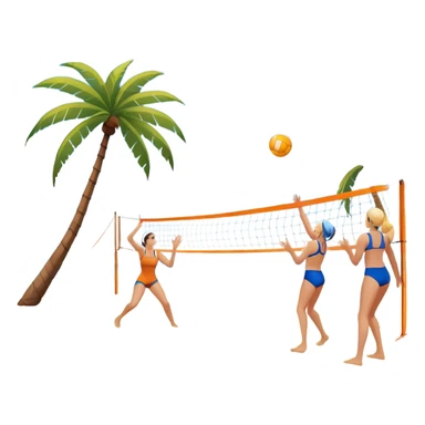 A volleyball resting on the orange sand of a beach, with a volleyball net in the background. The scene includes a beautiful beach landscape with blue sea, sky, and palm trees, while a couple of women in swimsuits play in the distance, capturing the relaxed yet competitive vibe of beach volleyball. sticker