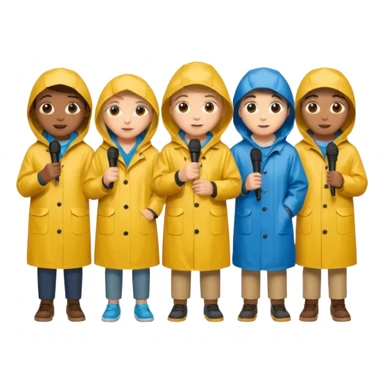people with rain coat and microphone sticker