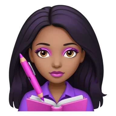 Une fille noir au cheveux lisse qui est entrain d’écrire avec un stylo rose sur un cahier violet cheveux long et lisse avec des jolis yeux et un beau makeup sticker