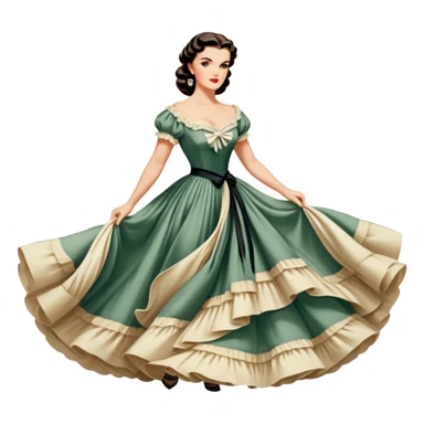 Icon for Romance Movie: A vintage movie poster-style design inspired by Gone with the Wind. Include romantic, sweeping imagery like Scarlett O'Hara in a flowing dress, Rhett Butler, a plantation backdrop, and fluttering wind-blown fabric. Soft, nostalgic cinematic feel. Transparent background. sticker