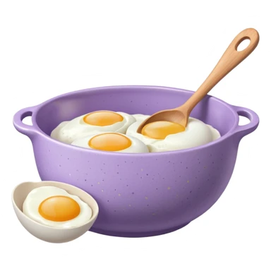 a lilac ceramic mixing bowl with a wooden spoon stirring and sitting next to it is a few eggs sticker