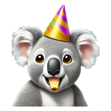 A koala in a party hat blowing a party whistle sticker