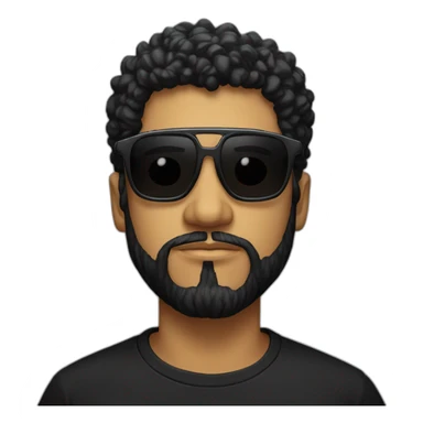 men in black t-shirt with black curly hair and beard and golden glasses work hard on computer sticker