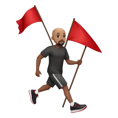 Bald black man with a white goatee in sneakers carrying a red flag sticker