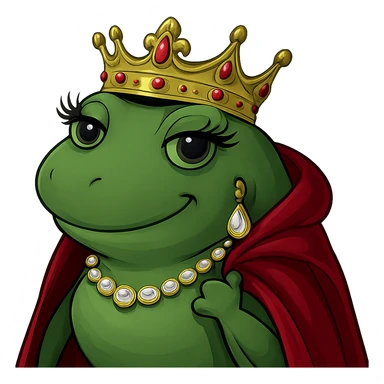 Make the drama queen frog more glamorous by adding sparkling gold jewelry, a jeweled crown, dramatic eyelashes, and a luxurious cape. Keep the bufo meme style with no background. sticker