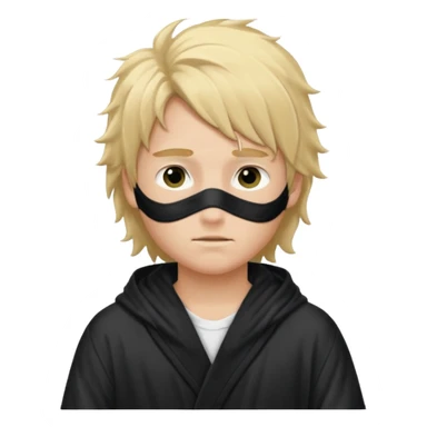 Create a blond boy with long, messy hair, light eyes, a white t-shirt, rich, with long hair, blue eyes, medium-length, voluminous hair, wearing a black Nike bathrobe and a little blush near his nose. and with a balaclava, type bandit balaclava sticker