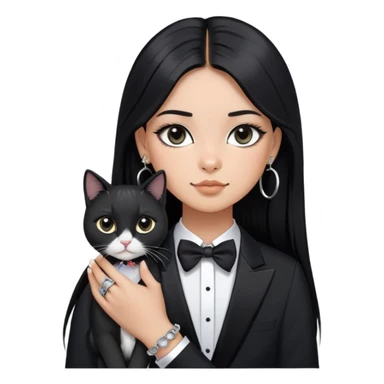 A girl with long straight black hair has upward-slanting eyeliner. She is wearing large silver hoop earrings, a black short-sleeved shirt, and a bracelet on her left hand. She is holding a  tuxedo cat with a black face  sticker
