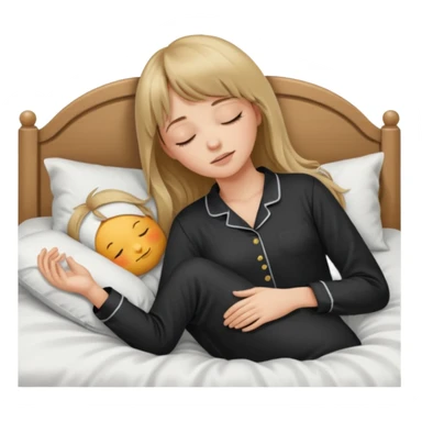 Young woman with long dark blond hair all around her, and a bang, sleeping in bed  with black pyjama  sticker