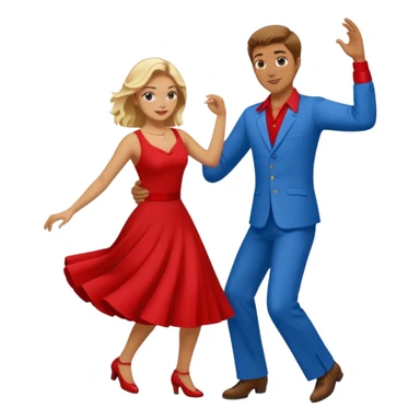 Two people. Man wearing all  RED with brown hair. Women  ALL blue with blond hair. Swing Dancing.  sticker