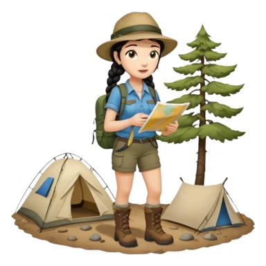 A braid black hair backpacking woman checking her map with curious eyes while walking wear camping hat and dirt covered boots full body sticker