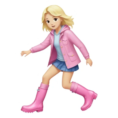 Blonde girl in light pink rain boots splashing in a public sticker
