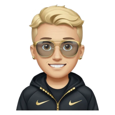 un emoji de un chico emcapuchado blanco, dientes de oro, com uma chaqueta negra nike tech y unas gafas de oakley, con pendientes de diamante, que las gafas sean estilo cuadradas, los pendientes q no se cuelguen, que sean redondos, en las dos cejas un corte, que las gafas no sean circulares sticker