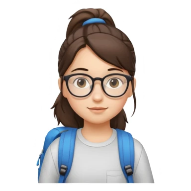student brunet kid girl, ponytail wearing glasses with backpack sticker