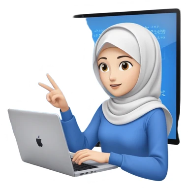 computer engineer with white hijab wearing blue outfit, pointing and gesturing at specific code elements and features on the large digital screen behind her, laptop in front of her, explaining particular parts of her metaverse creation in detail sticker