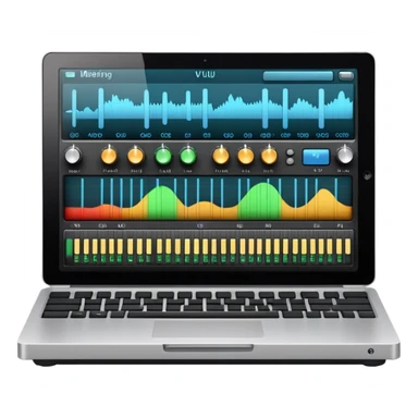 Close-up shot of a laptop screen clearly visible, showing a professional audio mixing interface focused on voice editing: audio level meters (VU meters) moving, voice waveform, volume faders, EQ panel, compressor, limiter, noise reduction, de-esser, gain controls sticker