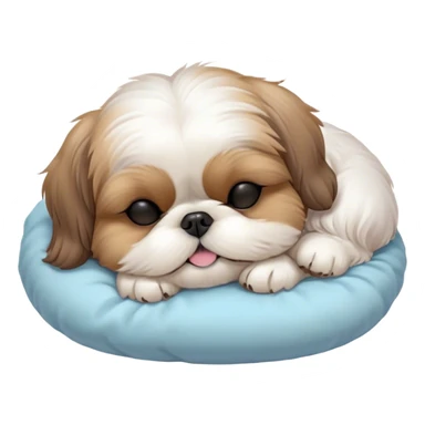 Meme-Worthy Cute Sleeping Shih Tzu Portrait Emoji, Head resting peacefully with a tender, contented smile and eyes delicately closed in serene slumber, showcasing a luxuriously fluffy fur in soft pastel tones, simplified yet irresistibly adorable, highly detailed, glowing with a warm, drowsy radiance, high shine, exuding calm, cozy charm, styled with a gentle, soft glowing outline, capturing the essence of a sleeping Shih Tzu that radiates utterly adorable, sleepy bliss! sticker