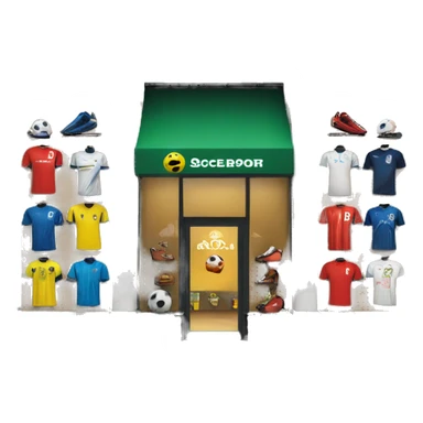 “Soccer store exterior with bold signage, large windows showcasing football gear, jerseys, and accessories, and a dynamic, athletic design reflecting the energy of the sport.” sticker