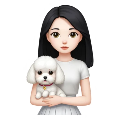 A beautiful girl with long straight black hair wearing a white skirt holding a small white Bichon Frise sticker