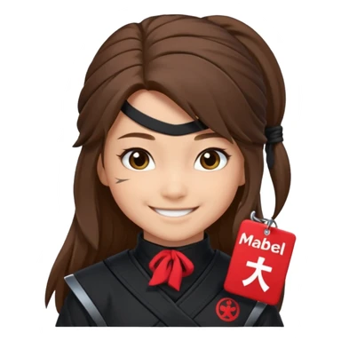 i need girl ninja smile with long brown hair with black costume with name mabel sticker