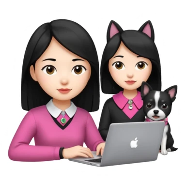 Asian girl with long black hair working on an Apple laptop, next to her is a small black and white dog with pink collar on  sticker