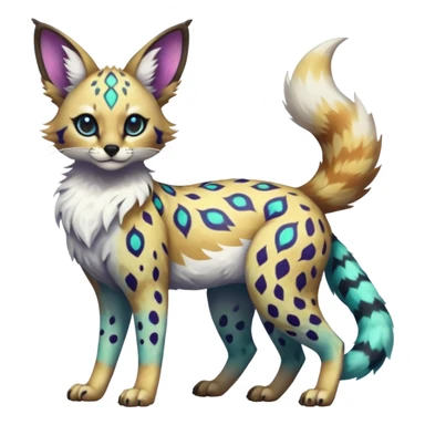 Rare iridescent white exotic epic aesthetic colorful Trico-Eevee-Serval-Genet-Civet-species-Fakemon-hybrid-creature, with intricate tattoo markings, full body sticker