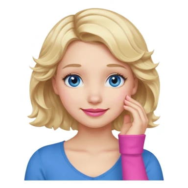 Girl Blonde short wavy hair,  blue eyes, cute blue top, long lashes, pink lips, smiling, 🤦🏻‍♀️ sticker