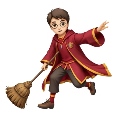 Cartoon-style illustration of Harry Potter flying on a broomstick, Gryffindor red and gold outfit, expressive face, dynamic motion, magical vibe, smooth shading, vibrant colors, no background, transparent background, isolated character. sticker