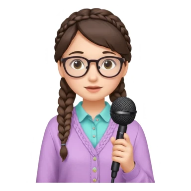 A shy braid brunette singer girl in pastel clothes with glasses, holding the mic with both hands. sticker