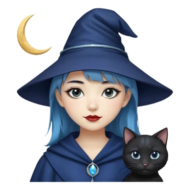 an asian short haired girl with light blue highlighted short raven hair with bangs, with her silver left eye and dark brown right eye, with black cat eyed style eyeliner, and smirk of natural toned lipstick, with dark navy wizard hat with moon emblem on his hat. sticker