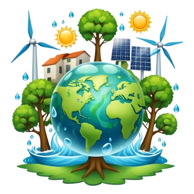 An icon featuring a green Earth, a tree, recycling symbols, and renewable energy sources like wind turbines, solar panels, and hydropower. The design includes animals, water droplets, and the sun, representing ecology, sustainable energy, and environmental protection. Transparent background. sticker