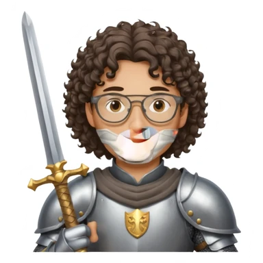 young handsome half-Asian man with wavy curly hair, glasses, dressed as a knight in shining armor, holding a sword, friendly expression sticker