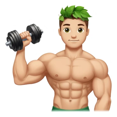 flexed biceps gripping a dumbbell, five green leaves on the left sticker