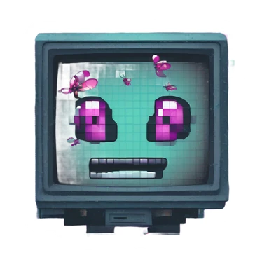 Cartoon emoji of a cracked computer screen with pixel-art bugs, a glowing wrench repairing cracks with reverse animation, error messages transforming into sarcastic text, teal and magenta glitch effects, 8-bit game aesthetic sticker