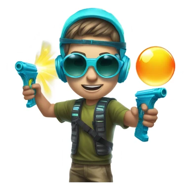 Caucasian boy in glowing rave gear with sunglasses and mask and headlamp and shooting a bubble gun sticker