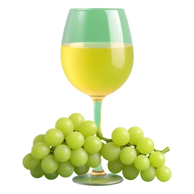 3D emoji style, light yellow wine glass with light green grapes beside it, Korean text '화이트와인' at the bottom, no background sticker