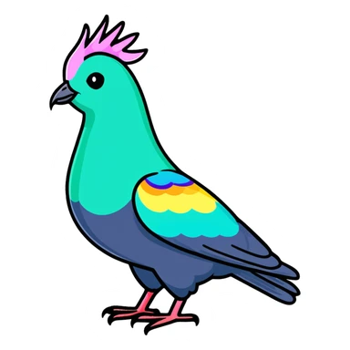 Nicobar pigeon with colorful iridescent plumage, distinctive long neck feathers, and white tail sticker