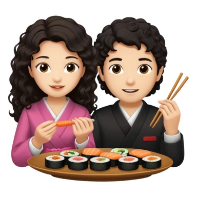 czarnowłosa ksieżniczka w dlugich wlosach je sushi z chłopakiem o czarno brązowych kręconych włosach i są zadowoleni i są nastolatkami i te włosy są lekko krecone sticker