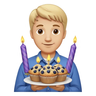 It is my friend virginias birthday. Create emoji with me saying happy birthday Virginia while holding blueberry muffins with birthday candles in them! I am a white man make the emoji with dirty blonde hair. Have a banner that says happy birthday  sticker