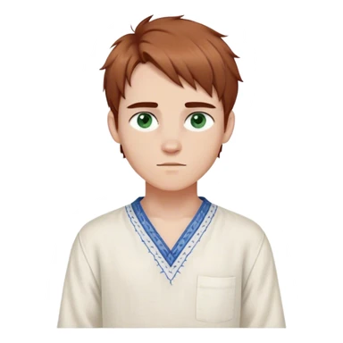 Medieval spring outfit worn by a DnD themed fantasy male character. Cloud white linen tunic with cornflower blue running stitch detail, paired with a canvas belt dyed with natural pigments. Clothes only above the waist, full waist coverage. The character has no arms. Character is white-skinned with cinnamon brown hair, forest green eyes, and short layered hair with textured ends. sticker