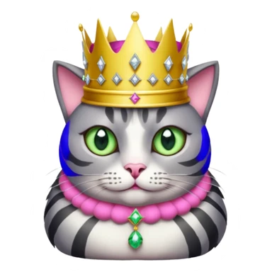 Gatito gris oscura con rayas negras ojos verdes vestida de reina con coronas y diamantes, más peluda y gordita  sticker