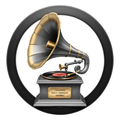 A dark metal platinum music award plaque The center features a relief of a vintage gramophone or stylized vinyl record in a slightly darker metallic tone sticker