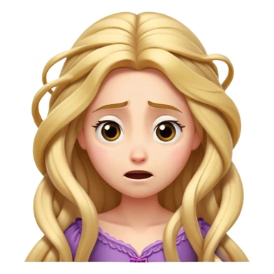 Cinematic Funny Rapunzel Portrait Emoji, Looking exhausted while tangled in her own hair, a dramatic sigh, eyes rolling with humorous exasperation, a hilariously relatable moment for the long-haired princess! sticker