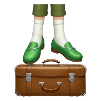 Feet with white socks wearing green slippers standing on a briefcase sticker