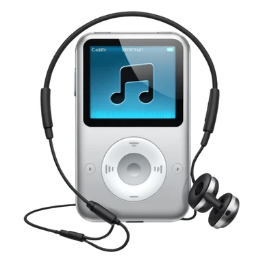 Futuristic iPod emoji with earphones, metallic black and white, smooth reflective surfaces, flat minimal vector design, clean UI style sticker