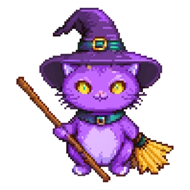 purple witch cat with a broom sticker