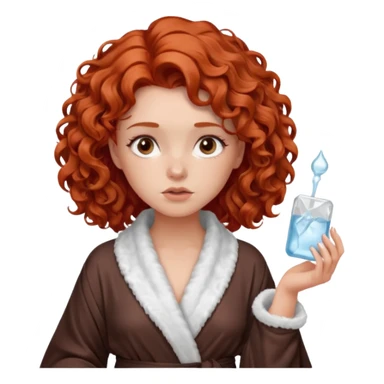 Cartoon emoji of a girl with voluminous curly red hair, fair skin, warm brown eyes. Wearing a chic milky silk robe with long sleeves, no makeup. Portrait mode, holding a ice cube for face skin care, looking doubtful and unsure. Smooth, simple, stylized." sticker