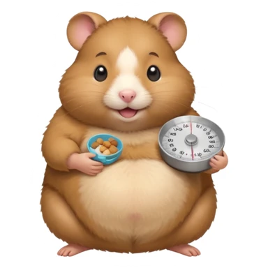 fat hamster holding pregnant belly smiling holding a tiny food scale sticker